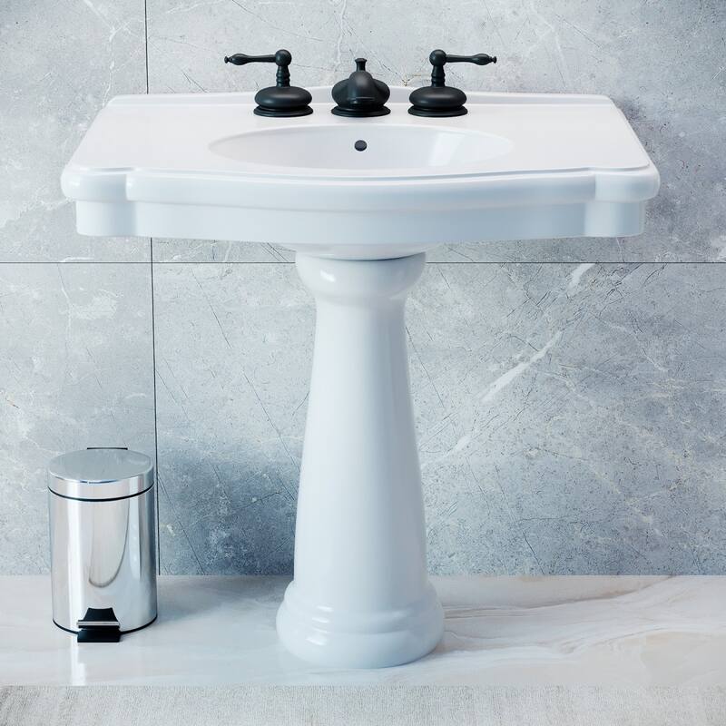 White Bathroom Pedestal Sink with Overflow and 8" Black Widespread Faucet Renovators Supply