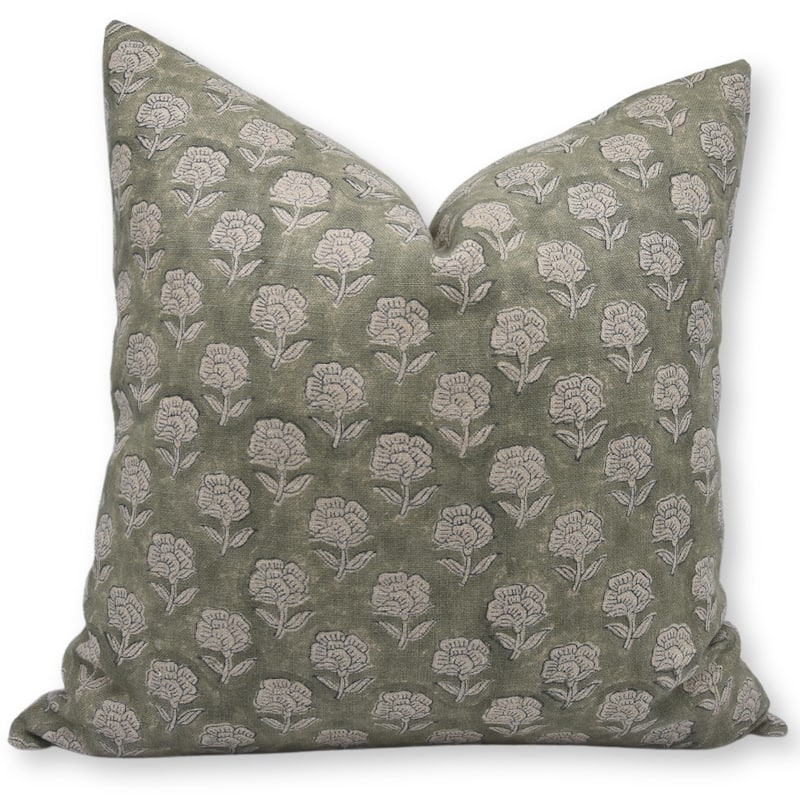 Fabdivine Vintage Floral Throw Pillow Cover for Farmhouse Style Sofa or Bench Green Hand Block Print Thick Linen, Rohini - Pillow Covers - Rohini- Green - 16" x 16"