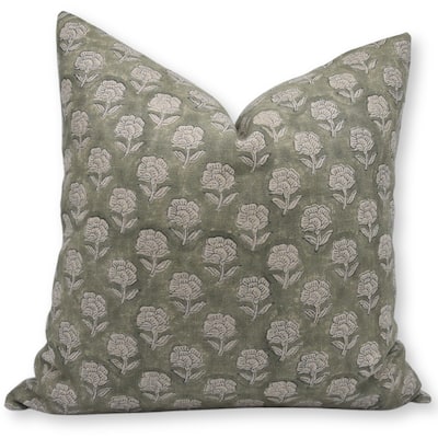 Fabdivine Vintage Floral Throw Pillow Cover for Farmhouse Style Sofa or Bench Green Hand Block Print Thick Linen, Rohini