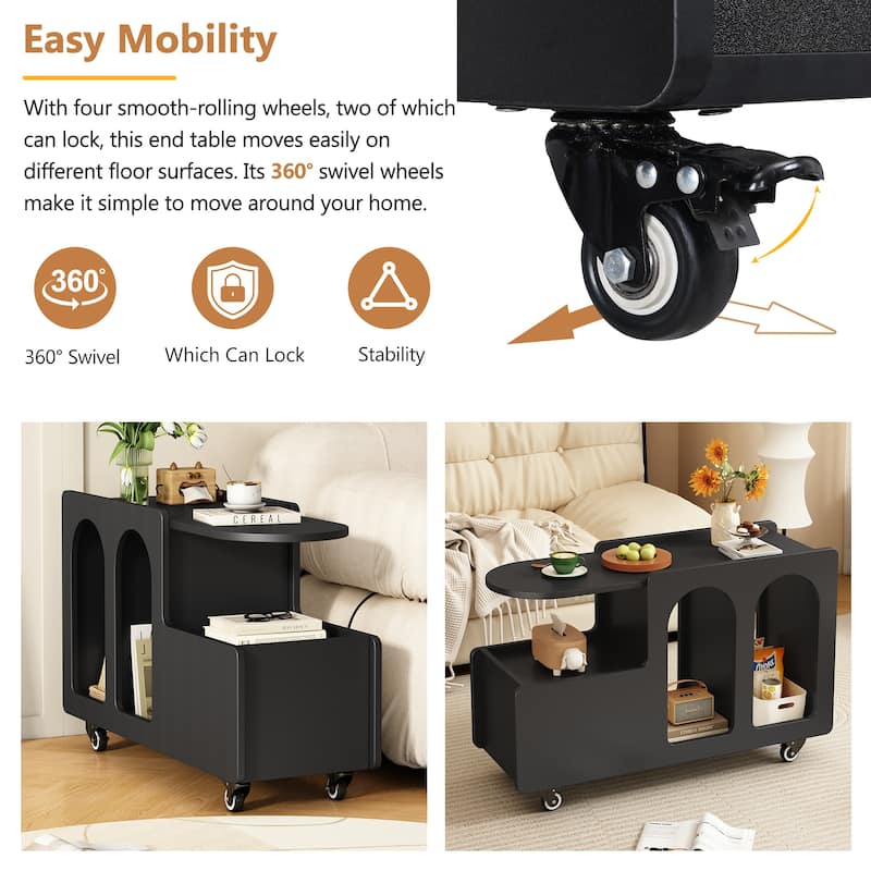 Roomfitters Modern Mobile End Table with Storage, Cream Style Side Table with Wheels and Multi-Layer Design for Living Room