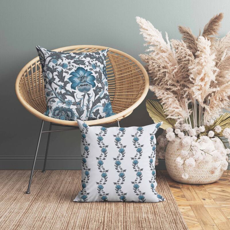 Mughal Era Garden Treasures Faux Suede Reversible Throw Pillow Grey and Blue