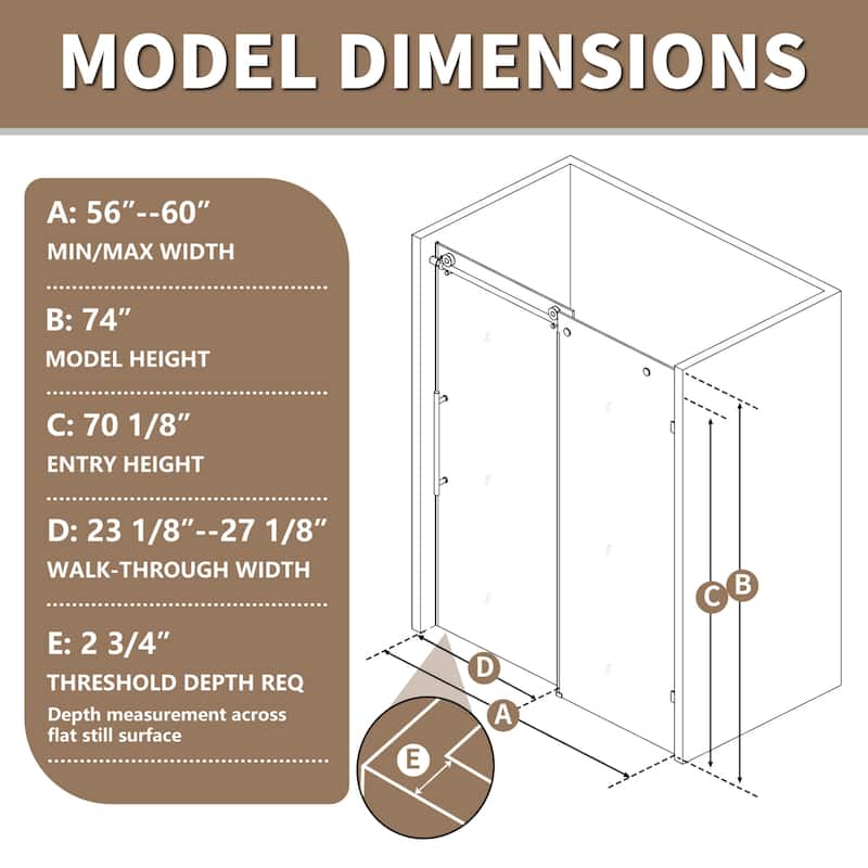 56-60" x 74" Glass Frameless Single Sliding Shower Tub Door in Black - 60*74