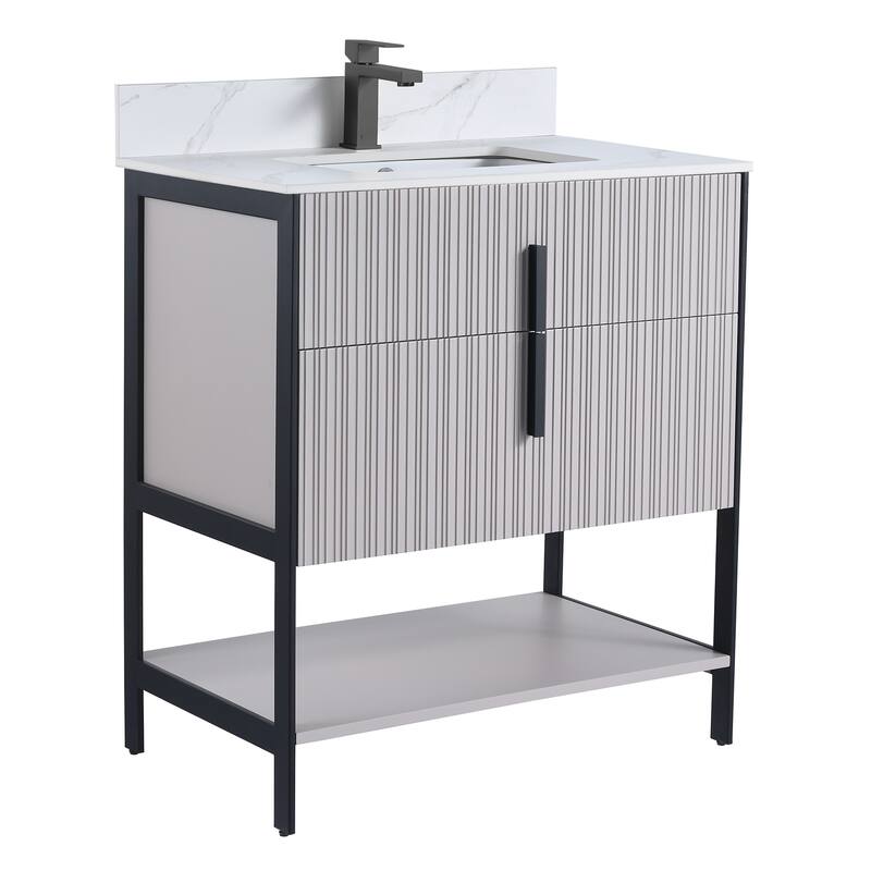 Fine Fixtures Serenity Modern Bathroom Vanity with White Carrara Stone Top - Bright Taupe - Black Hardware - 30 inch