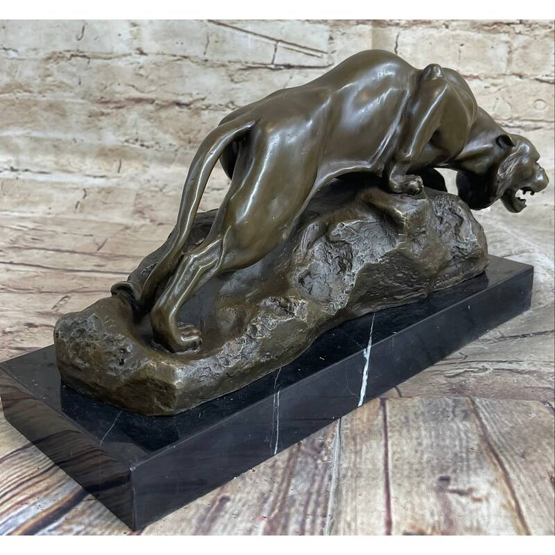 Sabre Tooth Tiger Lion Panther Bronze Sculpture Statue On Marble Base