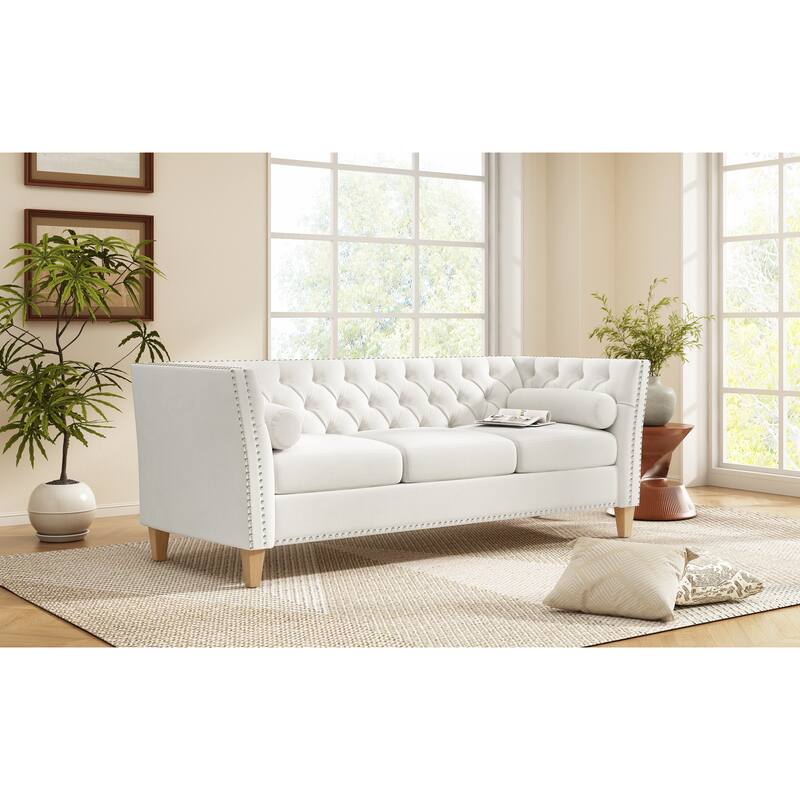 Modern Tufted Back Sofa Couch with Flared Arms, Classical Nailhead Trim Loveseat, Upholstered Living Room Sofa with Pillows
