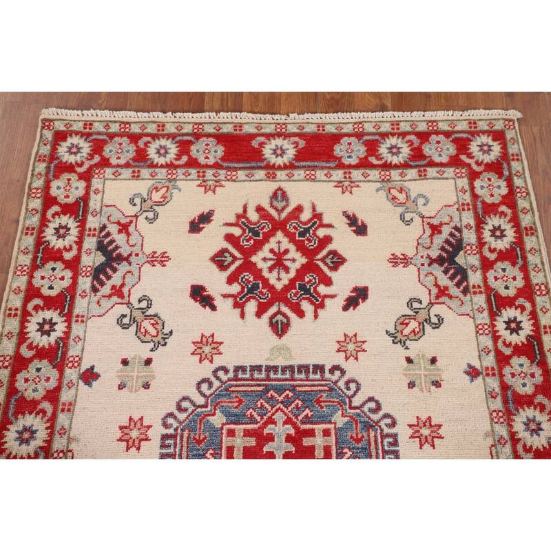 Geometric Beige Kazak Foyer Rug Hand-Knotted Wool Carpet - 3'5" x 5'0"