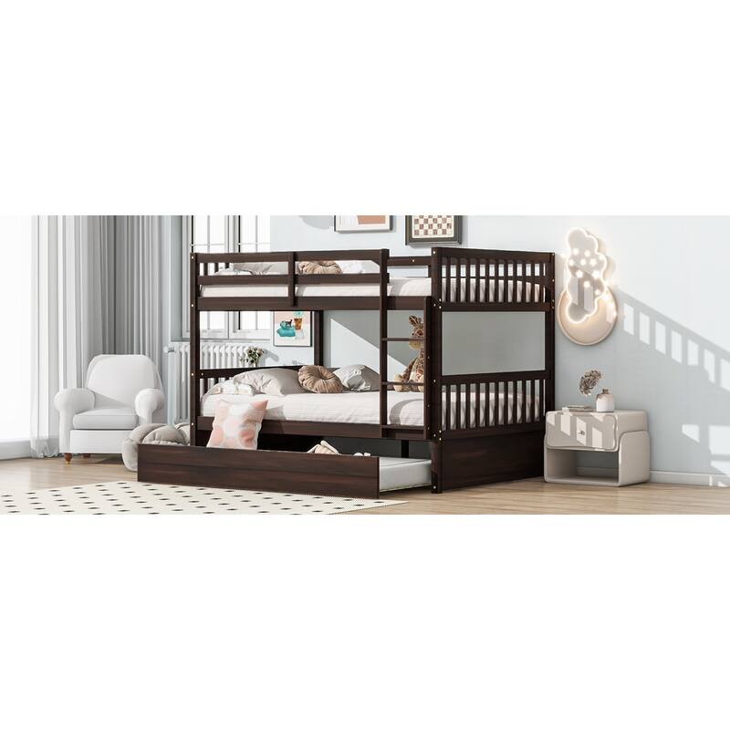 Roomfitters Full Over Full Rubber Wood Bunk Bed with Trundle, Convertible Design, Ladder and Safety Guardrails, Espresso
