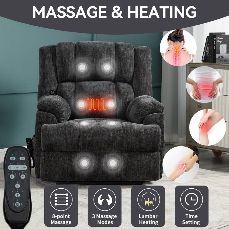 Oversized Chenille Power Lift Recliner Chair with Massage and Lumbar Heating, Infinite Position Reclining