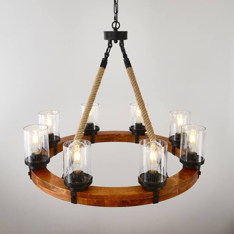 8 Light Rustic Wagon Wheel Chandelier,Wooden Pendant with Seeded Glass Shade,NO INCLUDED BULBS