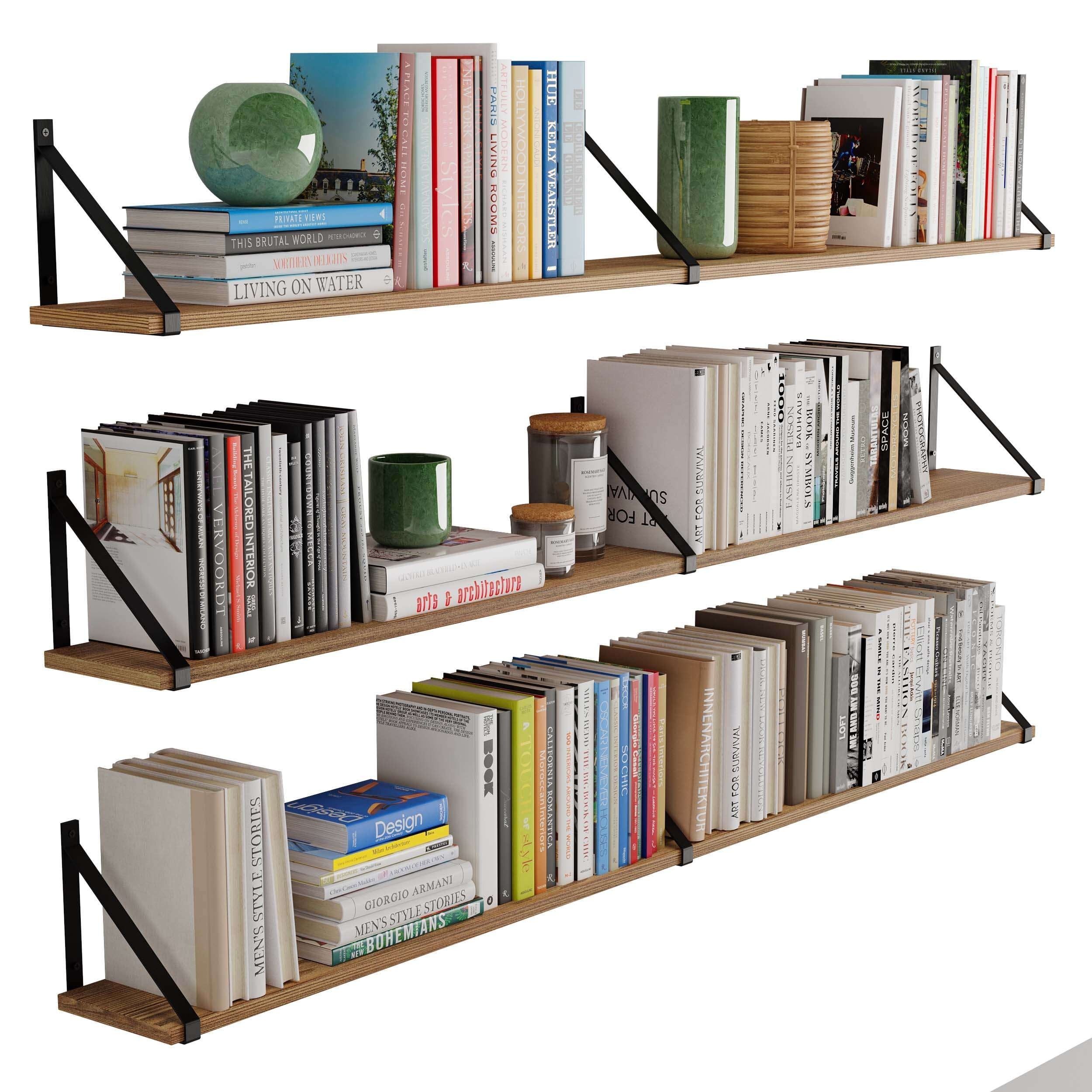 Wallniture Bora 36 Inch Large Floating Shelves for Wall Storage, Floating  Bookshelf Set of 3, Burned Wood Wall Shelves for Books