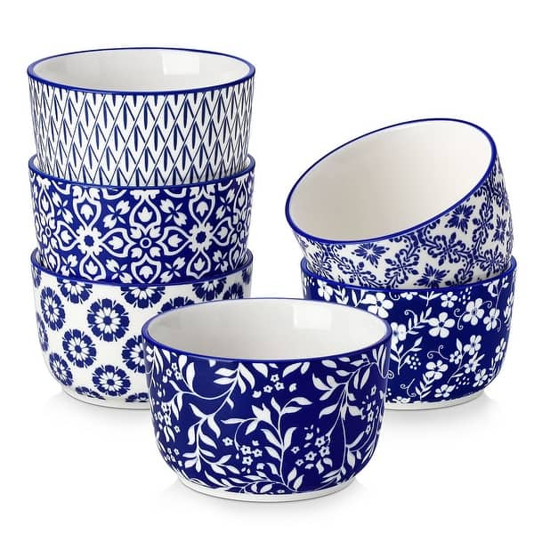 vancasso SELENE 6-Piece Blue White Floral Porcelain Ramekins Set - 8OZ.
