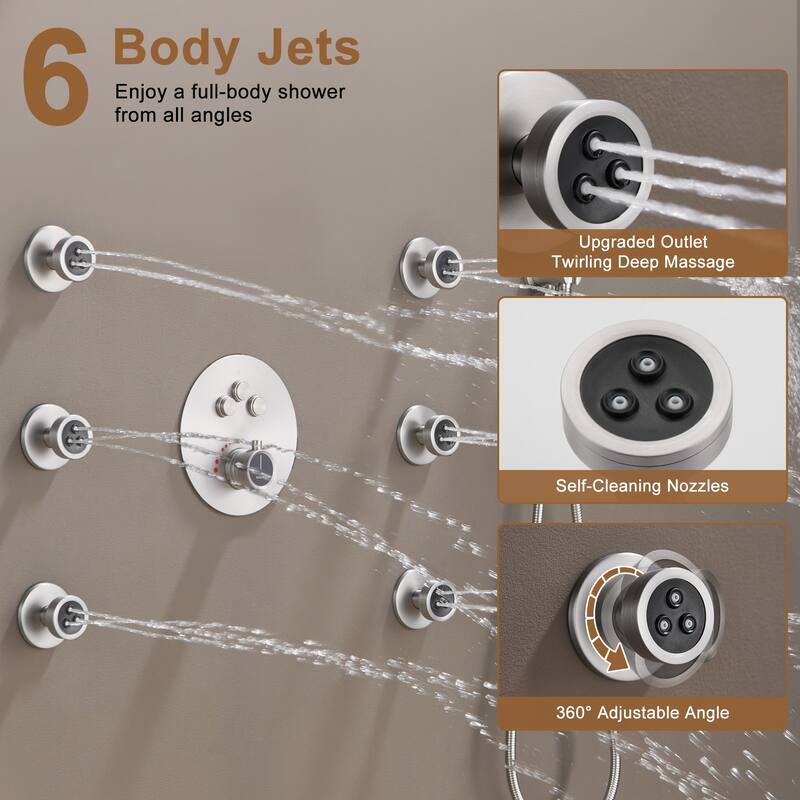 CASAINC 3-function Luxury Thermostatic Dual Shower Faucet Shower System with 6 Body Spray Jets