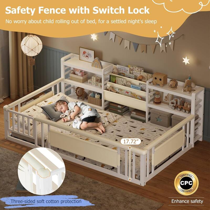 Twin Floor Bed for Kids with High Fence Door Storage Bookcase & Shelf