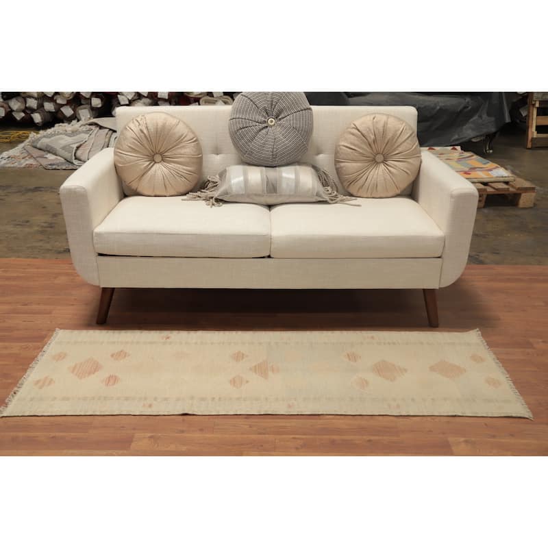 Hand Woven Oriental 100% Wool Carpet Southwestern Tribal Beige & Ivories Kilim Runner Rug - 5' 9'' X 2' 0''