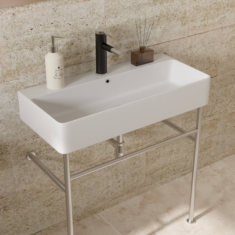 Dornberg 35" Bathroom Ceramic Console Sink White Basin and Legs with Overflow - White Basin Polished Nicke Legs