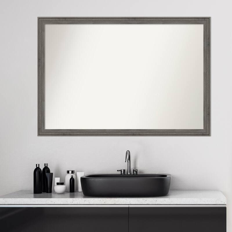 Non-Beveled Wood Bathroom Wall Mirror - Regis Barnwood Grey Narrow Frame