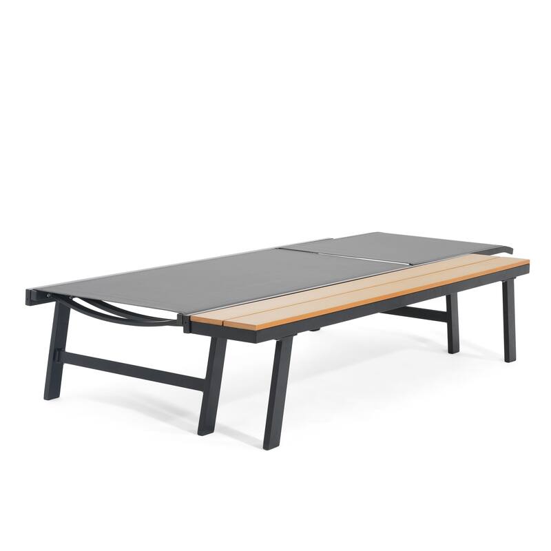 Roomfitters Waterloo Outdoor Aluminum Chaise Lounge with Attached Wood Side Table and Mesh Seat, Black