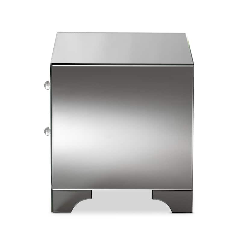 2-Drawer Nightstand with Mirrored Finish & Crystal Handles - Modern Bedside Table