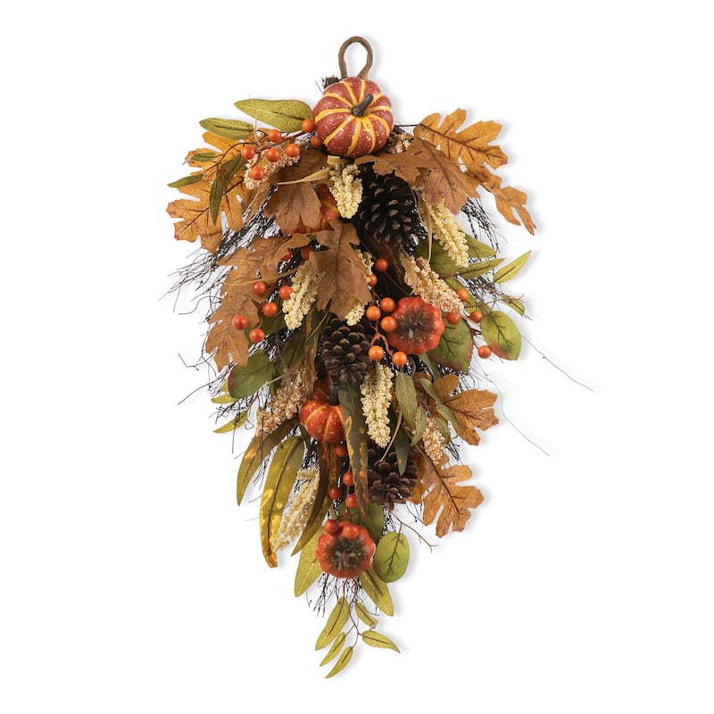 Glitzhome 24"D Fall Pumpkin Leaf Floral Swag Wreath Garland Thanksgiving Decor