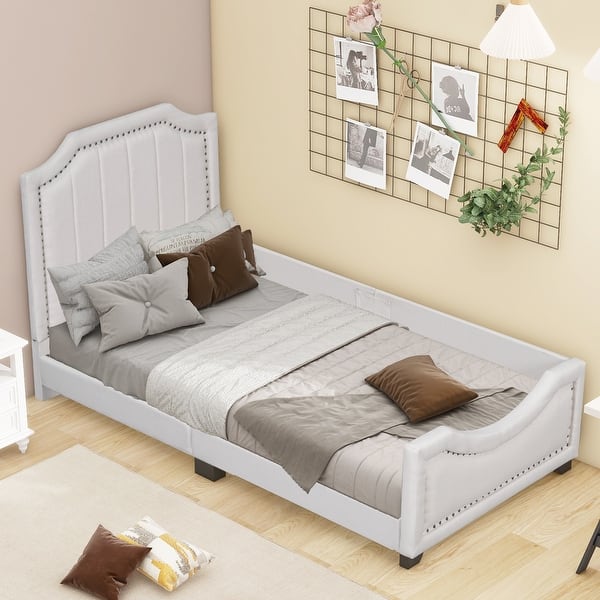 slide 2 of 6, Linen Twin Size Upholstered Bed with Nailhead Trim Beige