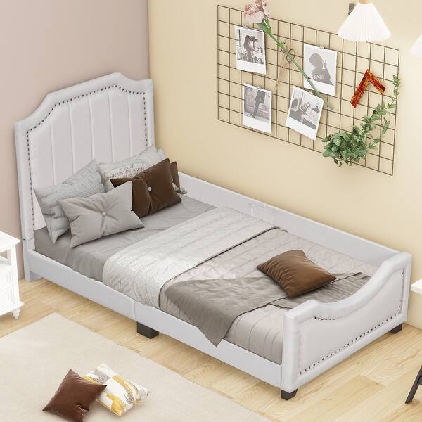 slide 2 of 6, Twin Upholstered Bed in Beige Linen with Nailhead Trim Headboard and Guardrail - Durable Wood Frame, Easy Access for Kids Beige