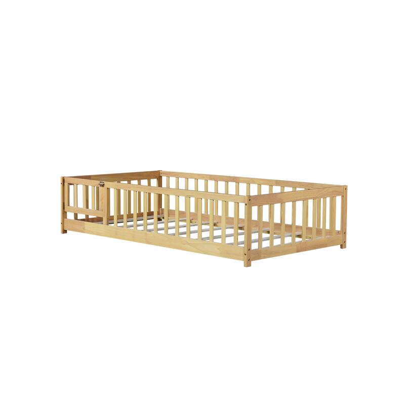 Twin Low Floor Kids Bed with Safety Fence and Reinforced Slats, Natural Rubber Wood Floor Bed for Toddlers