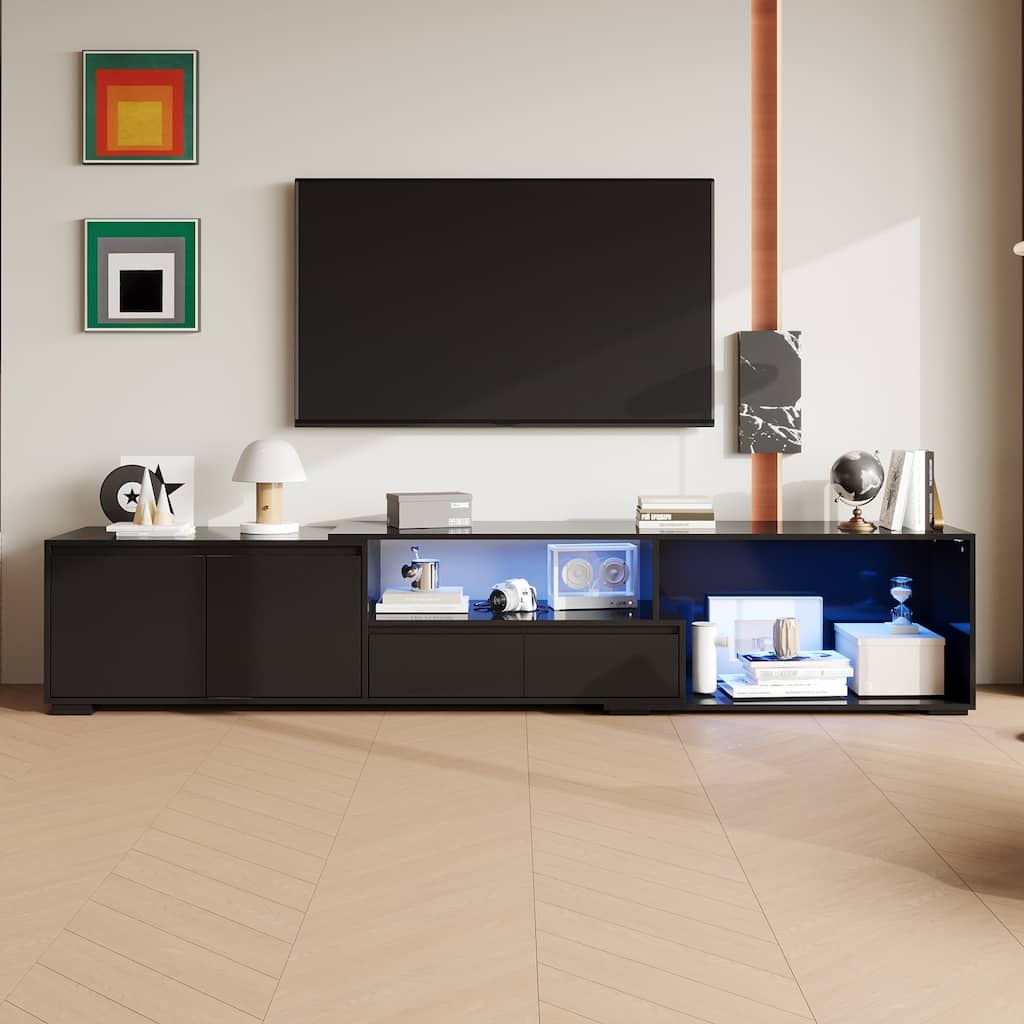 Modern Black TV Stand with LED Lighting and Expandable Open Area: Stylish, Customizable & Ultra - Practical