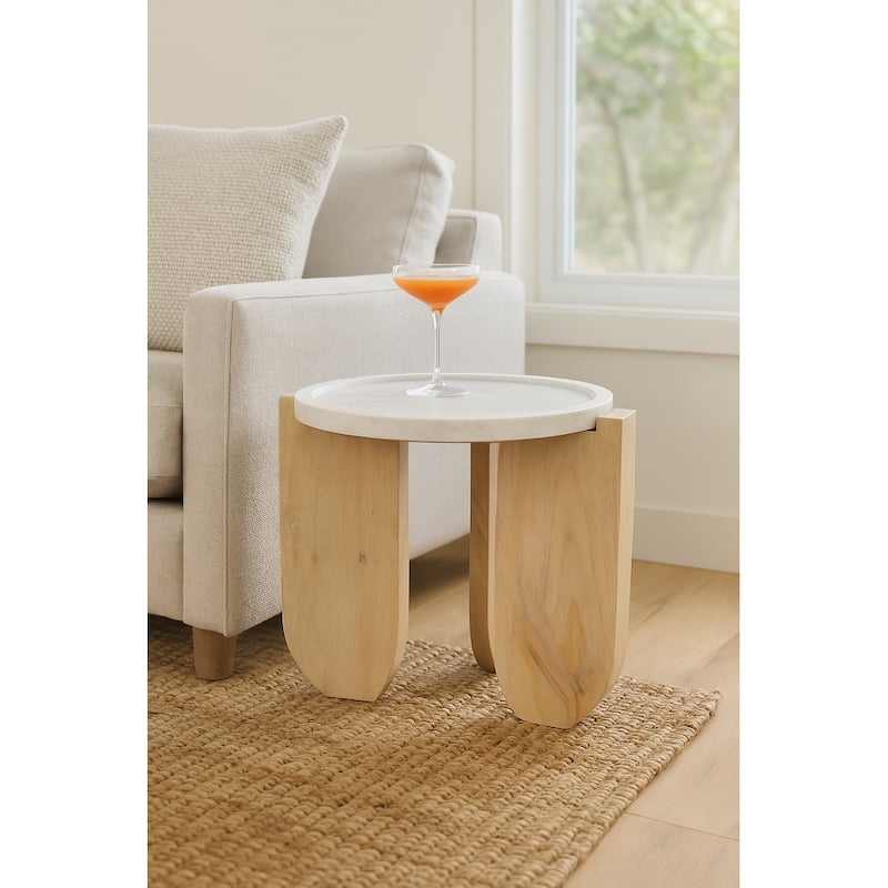 Modern Mango Wood and Marble Accent Table with Stone Top Casual Style