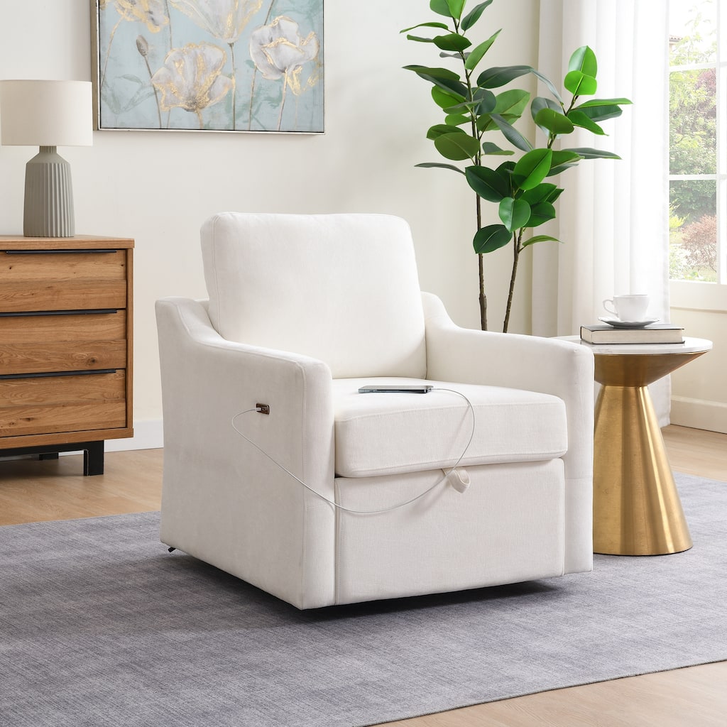 Swivel Arm Chair With Soft Chenille Fabric, Comfy Accent Chair,With Usb+Type-C Charging And Book Pocket,1 Pc