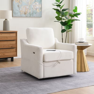 Swivel Arm Chair with Soft Chenille Fabric, Comfy Accent Chair With USB+TYPE-C charging and book pocket, 1 PC, White