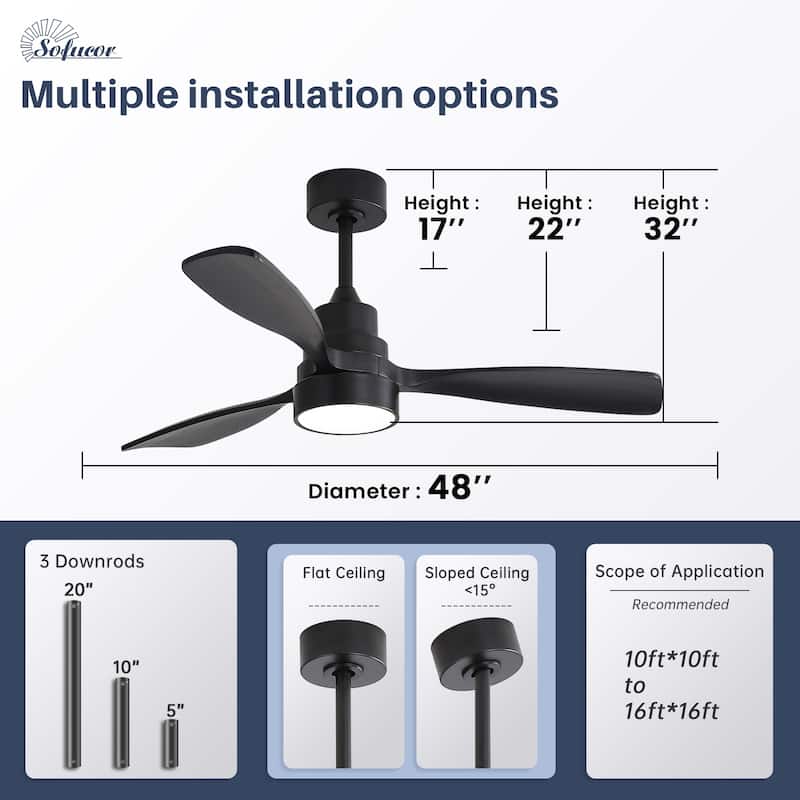 Sofucor 48 Inch Ceiling Fan with Light and Remote,Solid Wood Blades Low Profile,Smart Optional Work with Alexa/Google/App