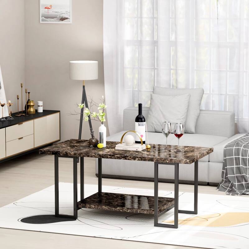 2 -Tier Rectangle Coffee Table, Black Base and Faux Marble Table top for Living Room, Double Metal Leg Design