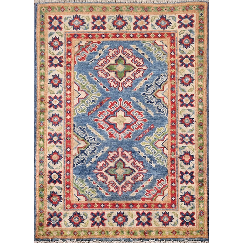 Blue Geometric Kazak Rug Handmade Oriental Wool Carpet - 2'1" x 2'10"