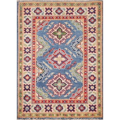 Blue Geometric Kazak Rug Handmade Oriental Wool Carpet - 2'1" x 2'10"