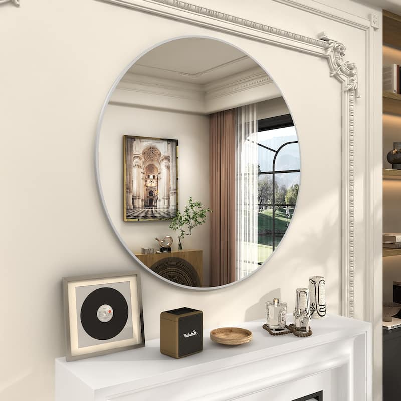 KIOTEE Full Length Round Aluminum Alloy Framed French Cleat Mounted Wall Decor Bathroom Vanity Mirror with 5-Year Warranty - 36x36 - Silver