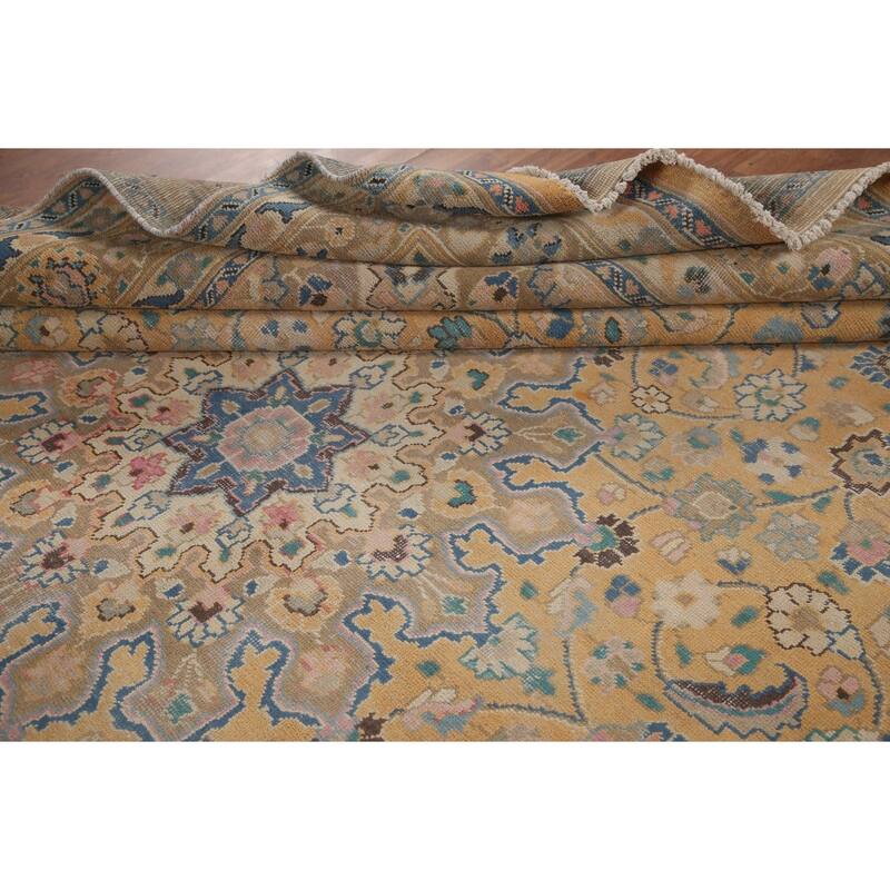 Hand Knotted Oriental 100% Wool Carpet Traditional Floral Yellow & Gold Mashad Area Rug - 12' 4'' X 9' 7''