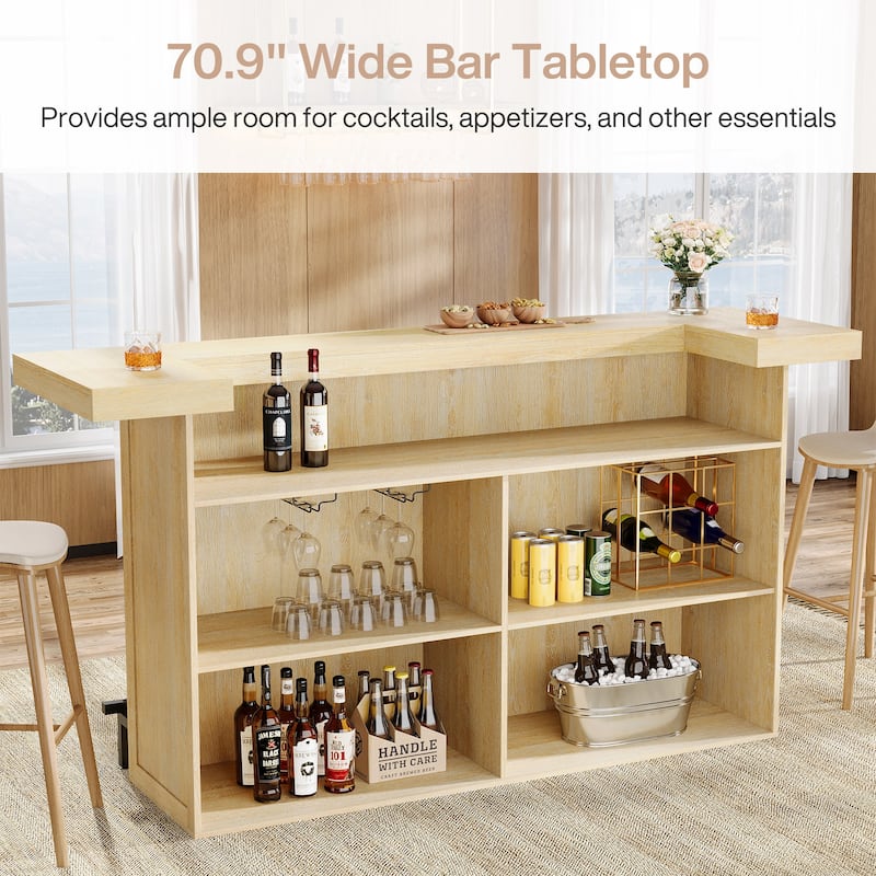 4-Tier Wooden Bar Table, 70.9" Large Home Bar Unit with Storage Shelves for Home, Patio, Basement