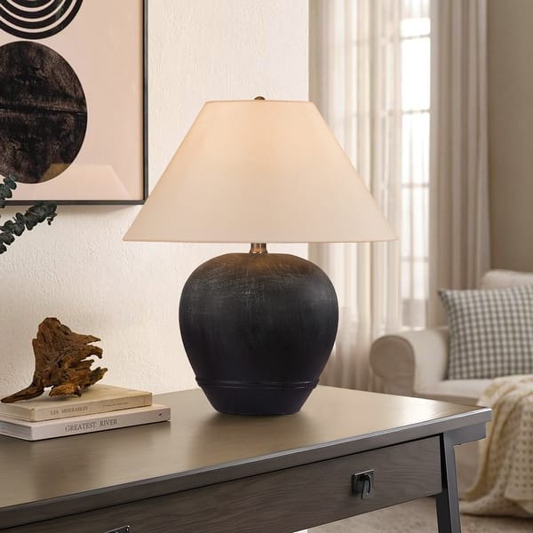 Ceramic Table Lamp with Linen Shade - 15.7"W x15.7"Dx18.1"H - Black smudged white