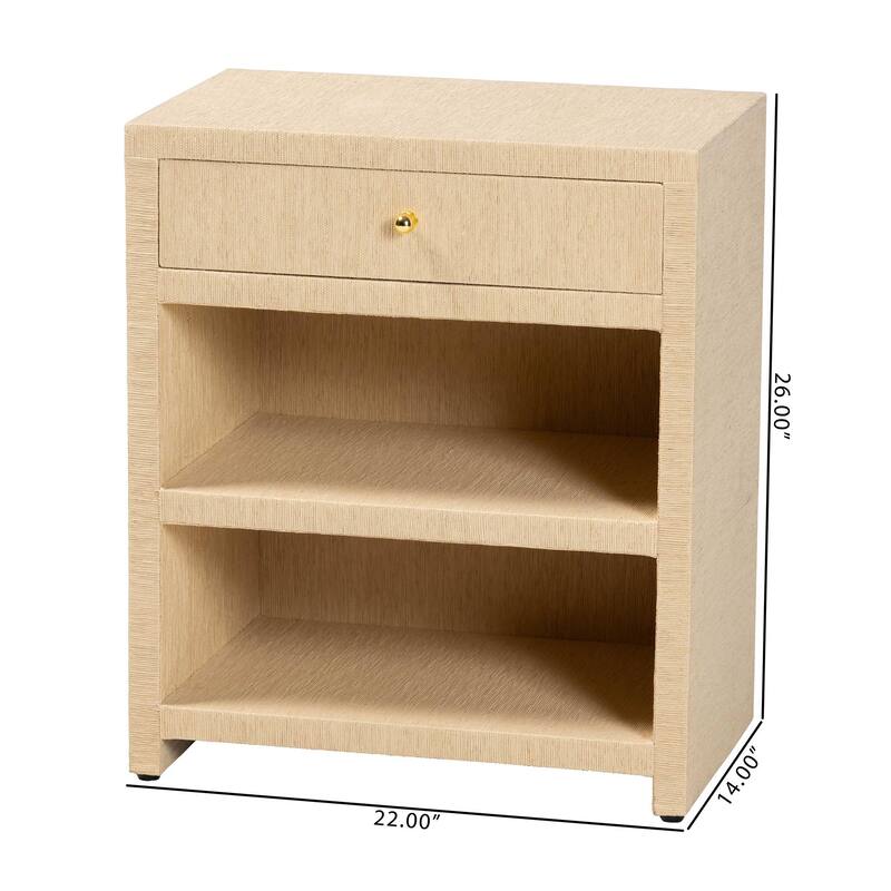 William Grasscloth 1-Drawer Nightstand with Open Shelves - Woven Texture Bedside Table with Gold Knob, Modern Coastal Accent