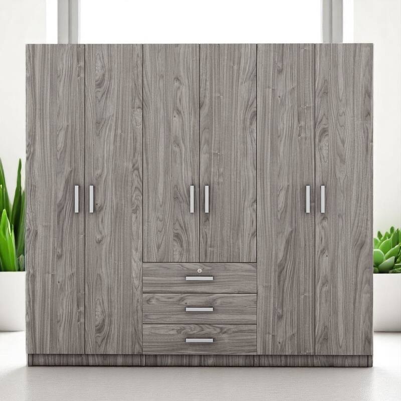 Modern 6-Door Wooden Wardrobe Armoire with Shelves, Drawers, and Locking Storage for Bedroom Use