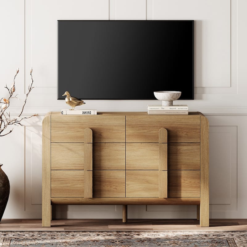 WAMPAT Modern 6 Drawer Dresser TV Stand For 55 Inch TV, Curved Entertainment Center, Wood TV Console With Storage - Walnut