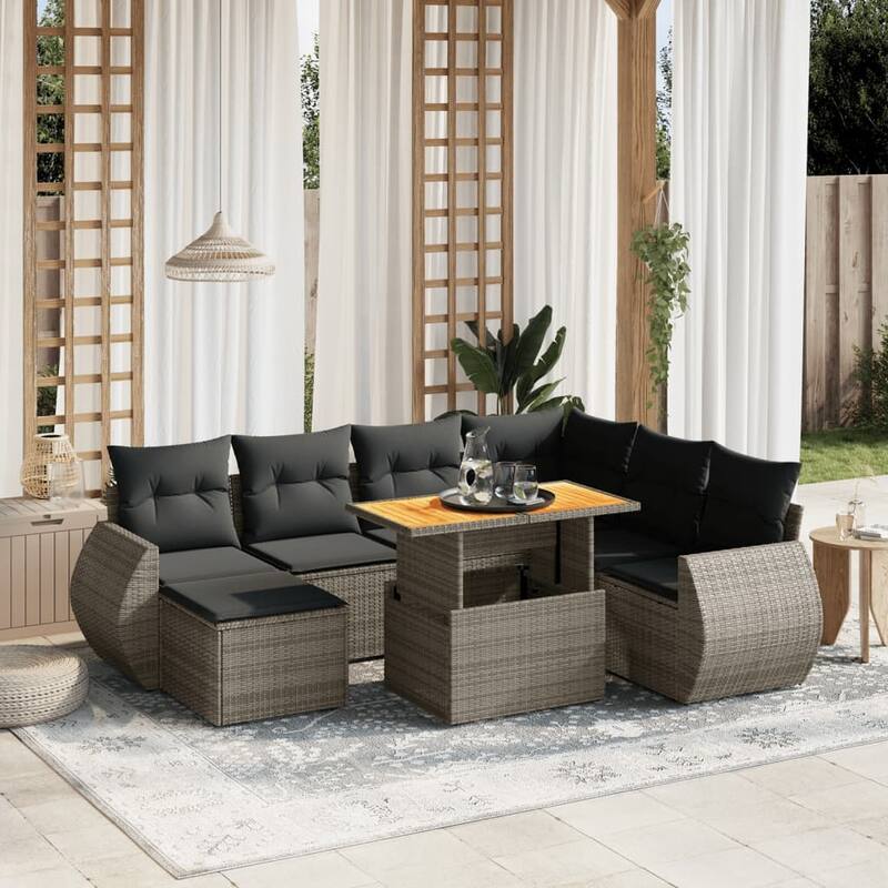 vidaXL Patio Sofa Set with Cushions Outdoor Conversation Furniture Poly Rattan - 21.7 x 24.4 x 27.2 - (Dark) Grey-3 corner+3 middle+footrest+table