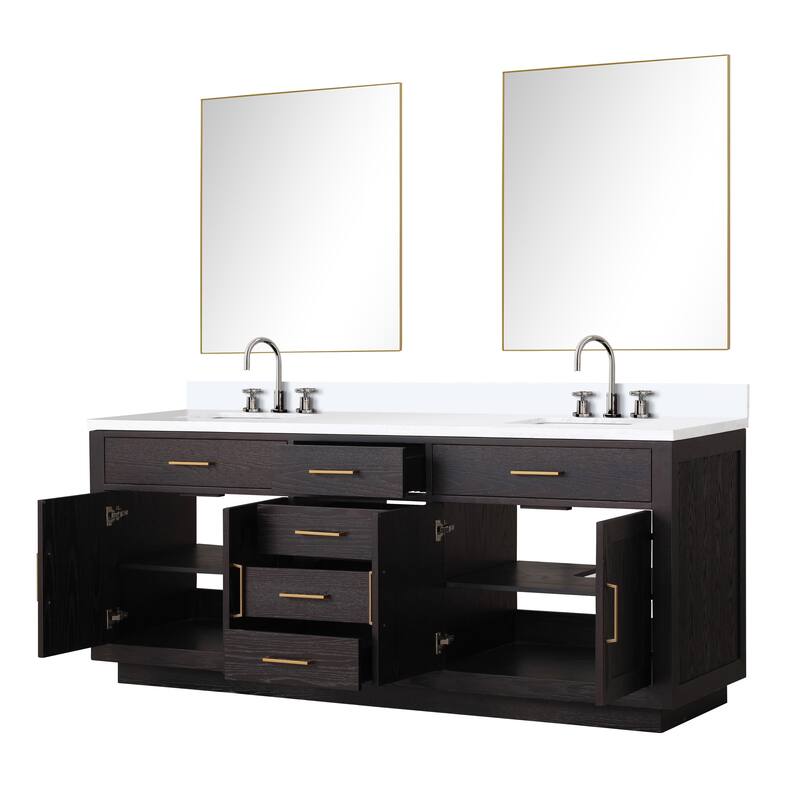 Abbey 60 in W x 22 in D Black Oak Double Bath Vanity, White Quartz Top, Faucet Set, and 28 in Mirrors