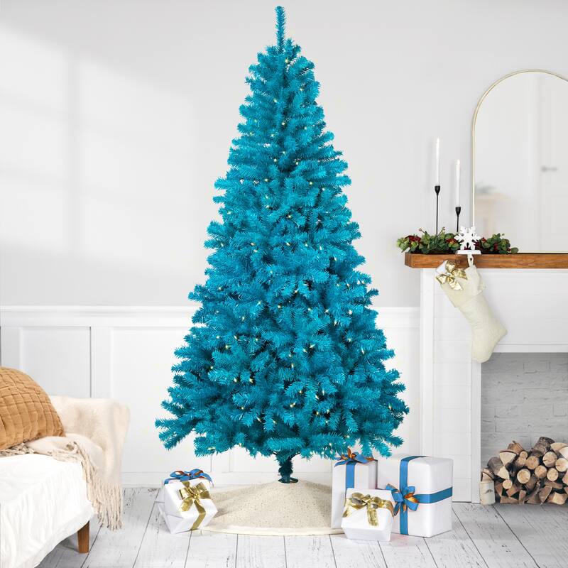 Pre-Lit Medium Artificial Pine Christmas Tree - 7' - Turquoise - Clear Lights - 7 Foot