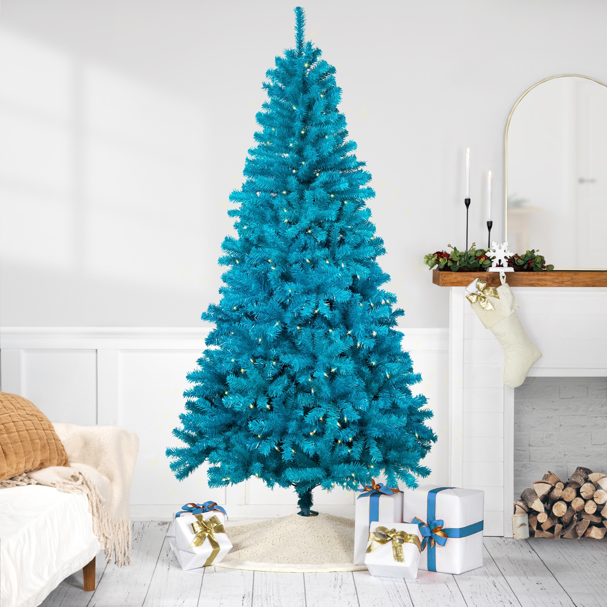 Medium Pine Artificial Christmas Tree 6' Turquoise Clear Lights - 6 Foot