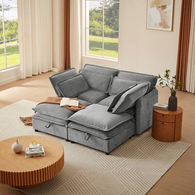 Double-Layer Cushion Modular 4-Seater Sofa with Storage, Grey Polyester, 65x63x32 inches