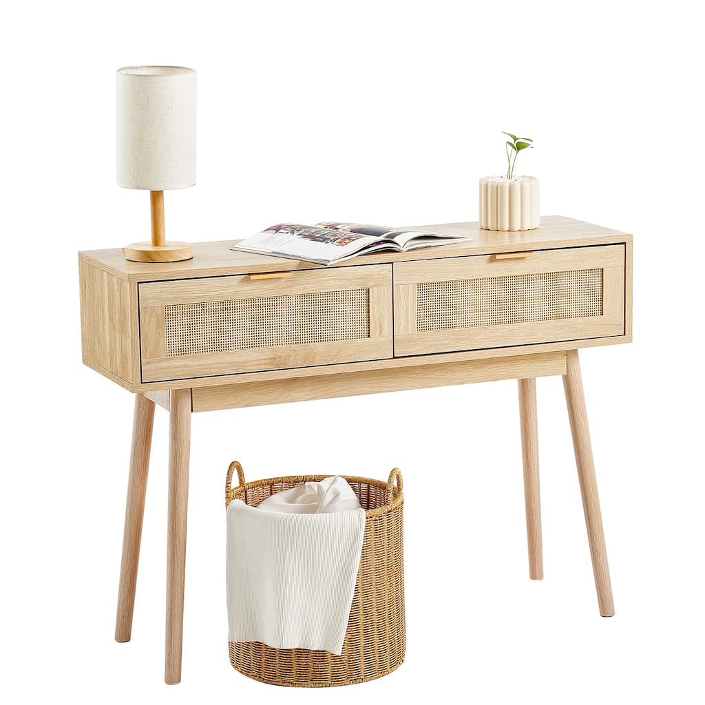 Rattan Console Table with 2 Storage Drawers, Rattan Entryway Table with Natural Rattan Sliding Door, Console Sofa Table