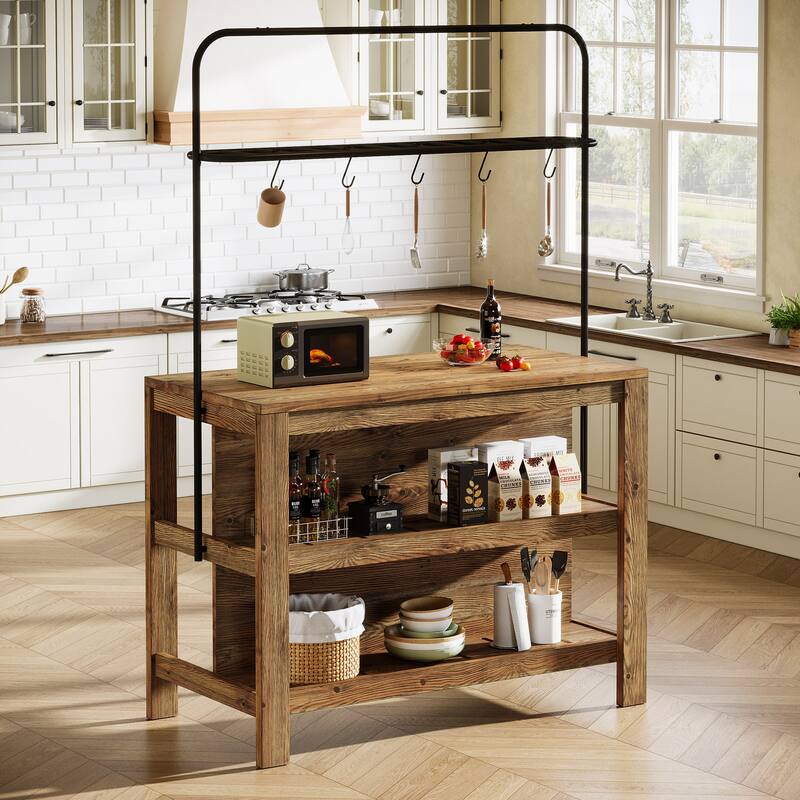 47 Inch Farmhouse Solid Wood Kitchen Island with Storage and 5 Hooks - 23.62" D x 47.24" W x 70.08" H - Rustic Brown/ Black
