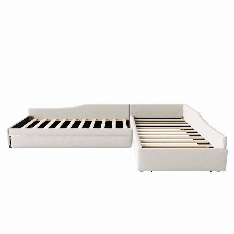 Beige Upholstered Twin Size Daybed with Trundle Bed and Drawers Corner Double Bed L-shape Sofa Bed Frame for Multiple
