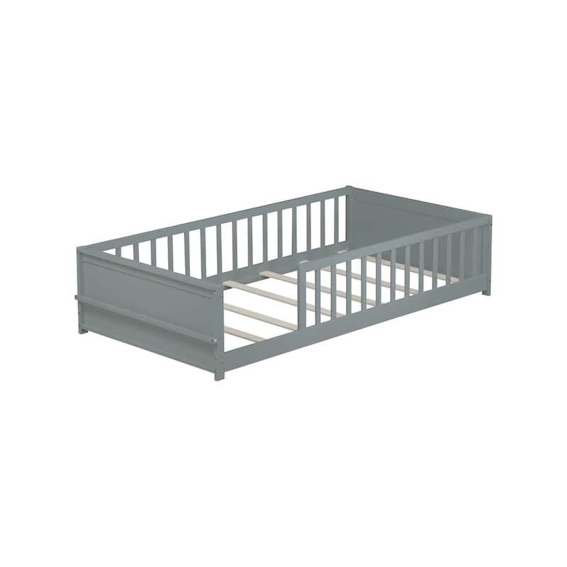 Roomfitters Twin Floor Platform Bed with Built-in Book Rack, Rubber Wood Frame, Low Profile Design with Guardrails
